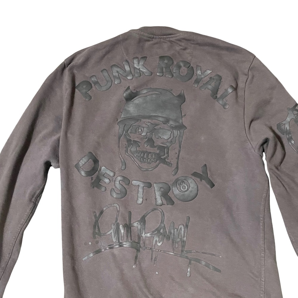 Punk Royal Destroy Sweatshirt Men Small Brown Skull Helmet Puff Print Logo Goth